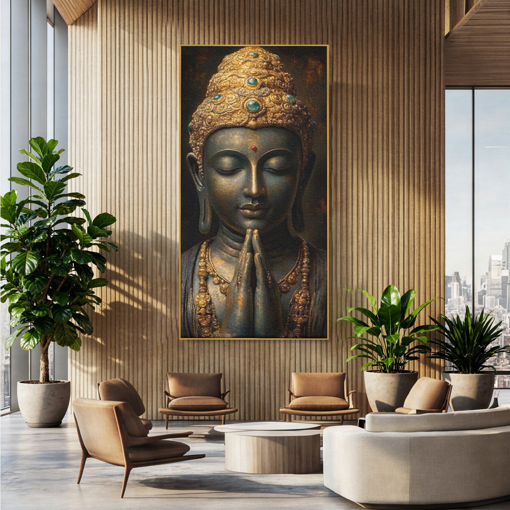 Tablou canvas cu tablou canvas cu buddha in rugaciune, in rama de aluminiu auriu, pe perete intr-un birou