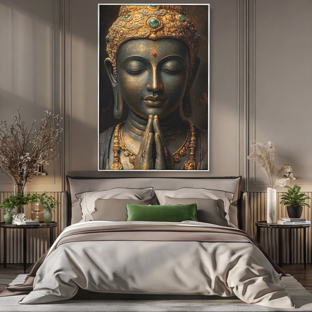 Tablou canvas cu tablou canvas cu buddha in rugaciune, in rama de aluminiu argintiu, pe perete intr-un dormitor
