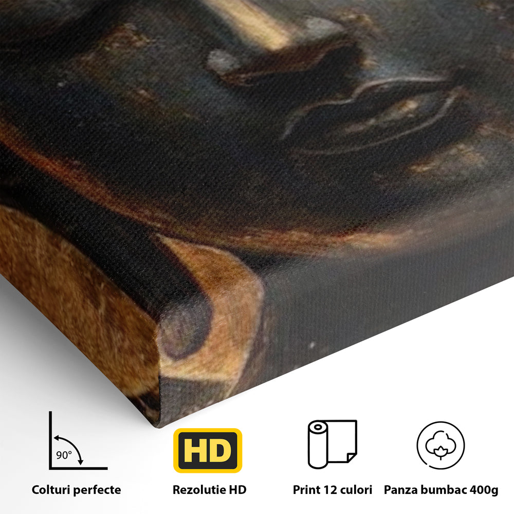 Detaliu al suprafetei: tablou canvas cu capul lui buddha, fara rama, pe sasiu de lemn