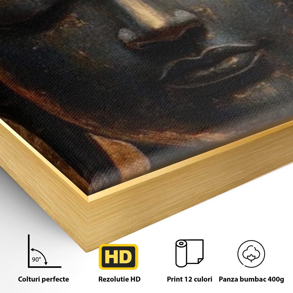 Detaliu al suprafetei: tablou canvas cu capul lui buddha, in rama de aluminiu auriu