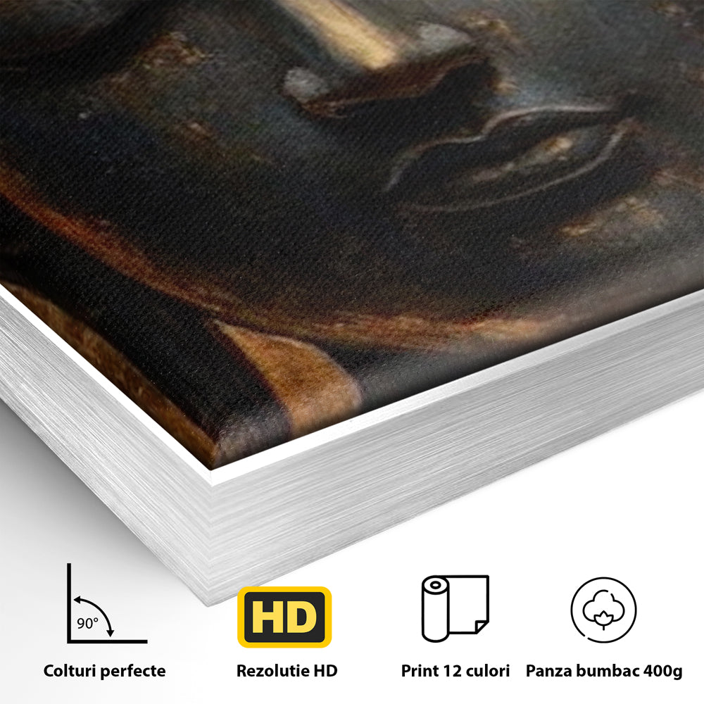 Detaliu al suprafetei: tablou canvas cu capul lui buddha, in rama de aluminiu argintiu