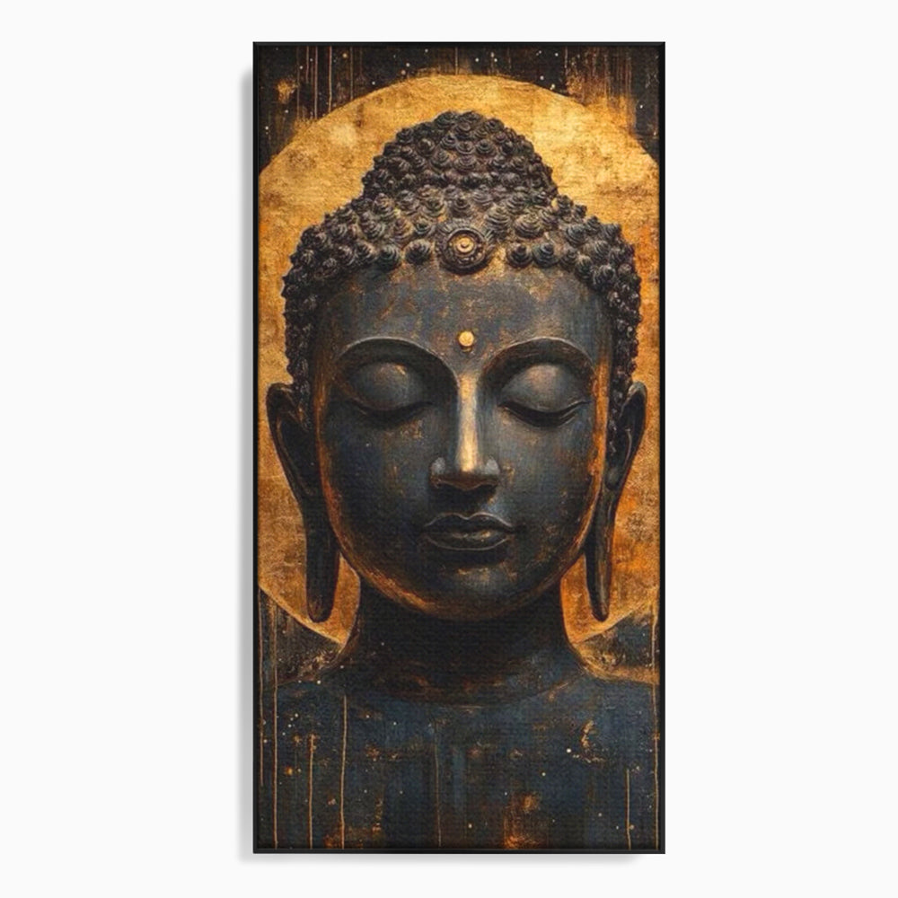 Tablou canvas cu tablou canvas cu capul lui buddha, in rama de aluminiu negru