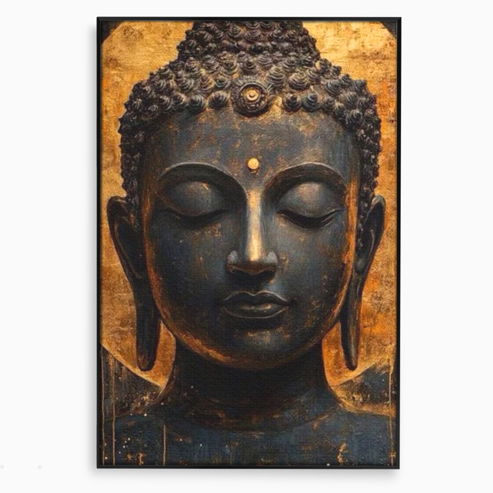 Tablou canvas cu tablou canvas cu capul lui buddha, in rama de aluminiu negru