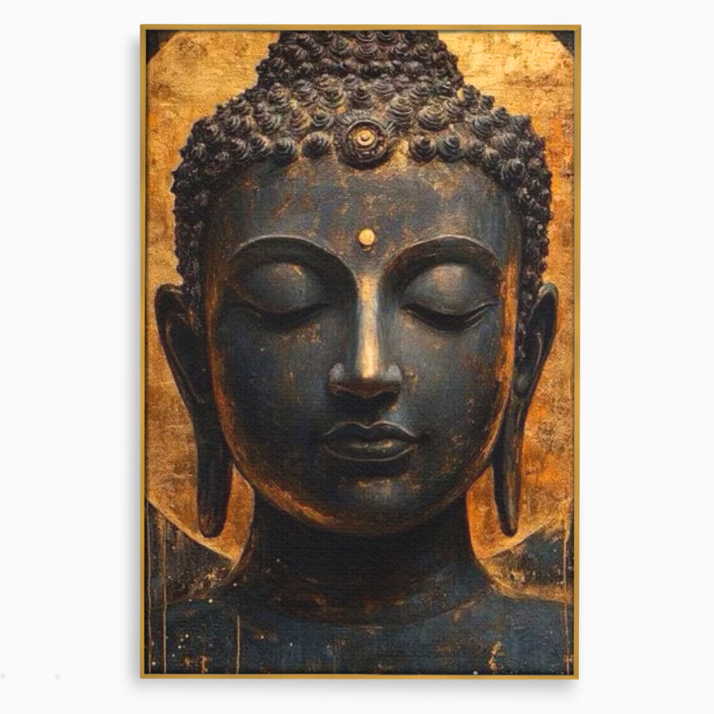 Tablou canvas cu tablou canvas cu capul lui buddha, in rama de aluminiu auriu