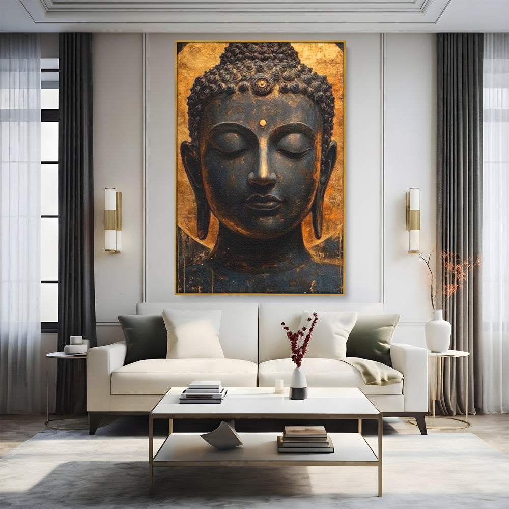 Tablou canvas cu tablou canvas cu capul lui buddha, in rama de aluminiu auriu, pe perete intr-un living