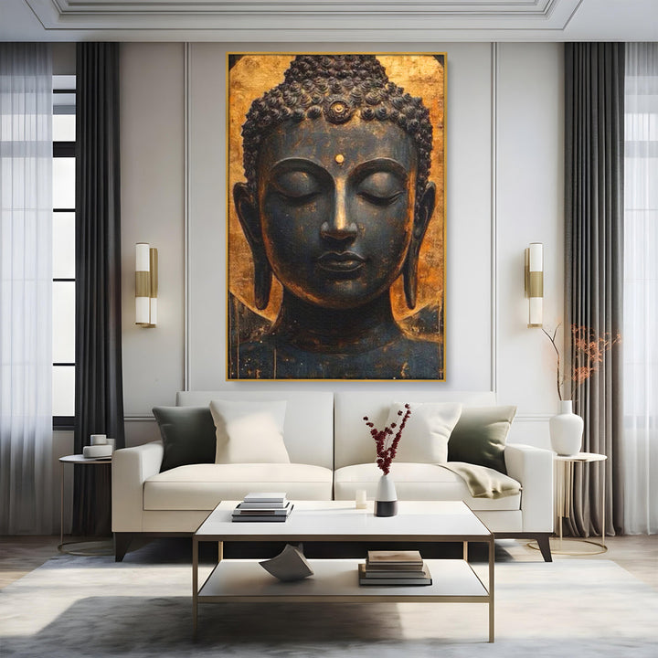 Tablou canvas cu tablou canvas cu capul lui buddha, in rama de aluminiu auriu, pe perete intr-un living