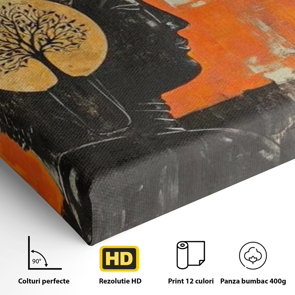 Detaliu al suprafetei: tablou canvas cu profilul lui buddha, fara rama, pe sasiu de lemn
