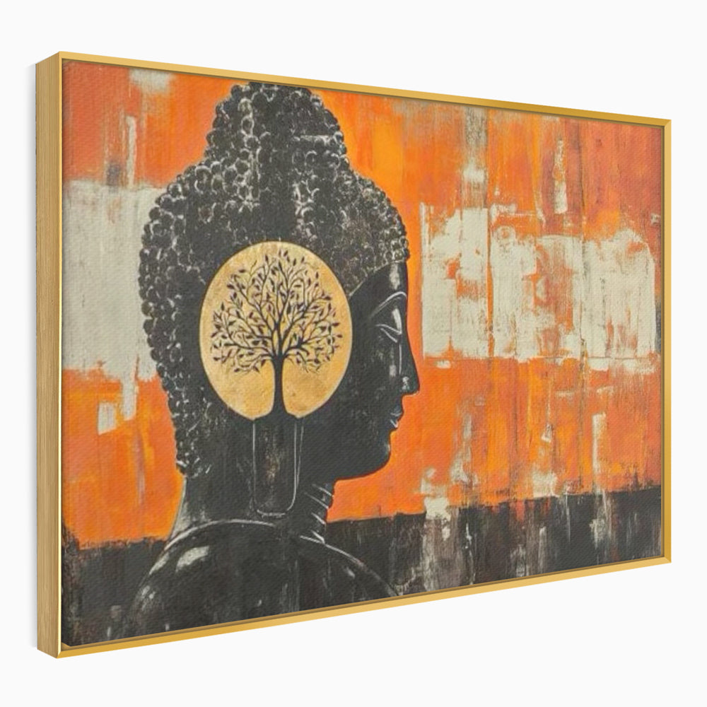 Tablou canvas cu tablou canvas cu profilul lui buddha, in rama de aluminiu auriu