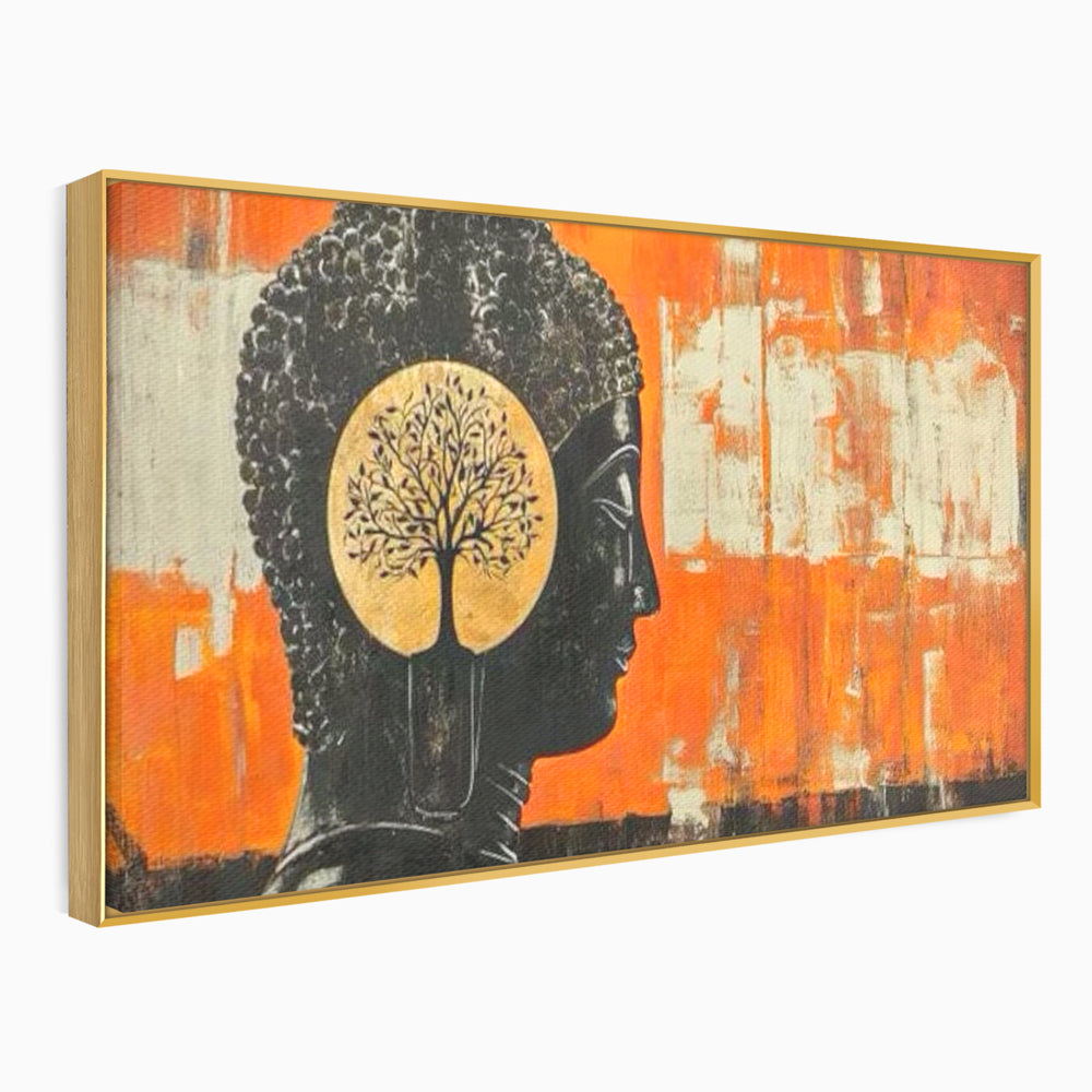 Tablou canvas cu tablou canvas cu profilul lui buddha, in rama de aluminiu auriu