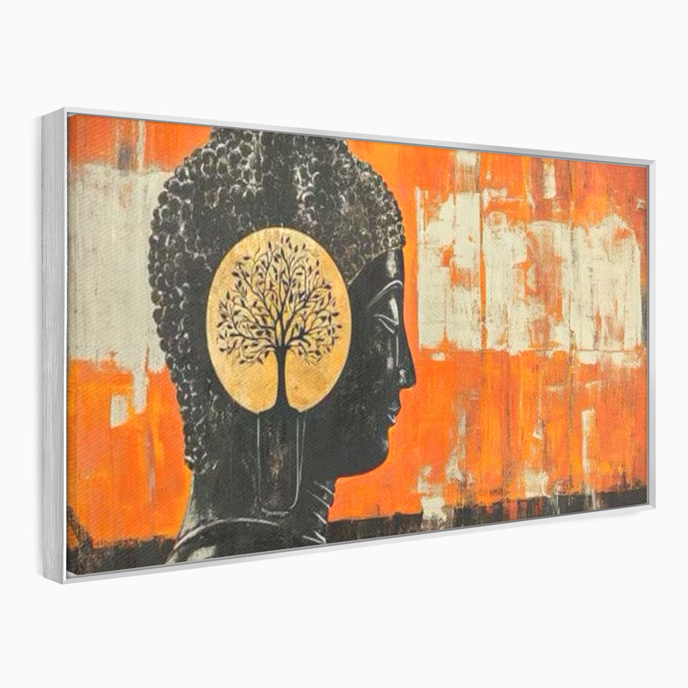 Tablou canvas cu tablou canvas cu profilul lui buddha, in rama de aluminiu argintiu