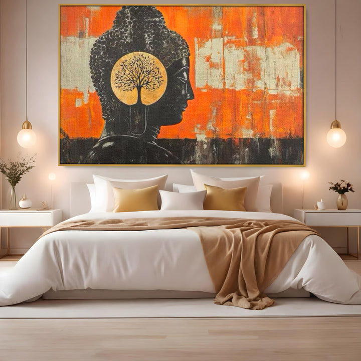 Tablou canvas cu tablou canvas cu profilul lui buddha, in rama de aluminiu auriu, pe perete intr-un dormitor