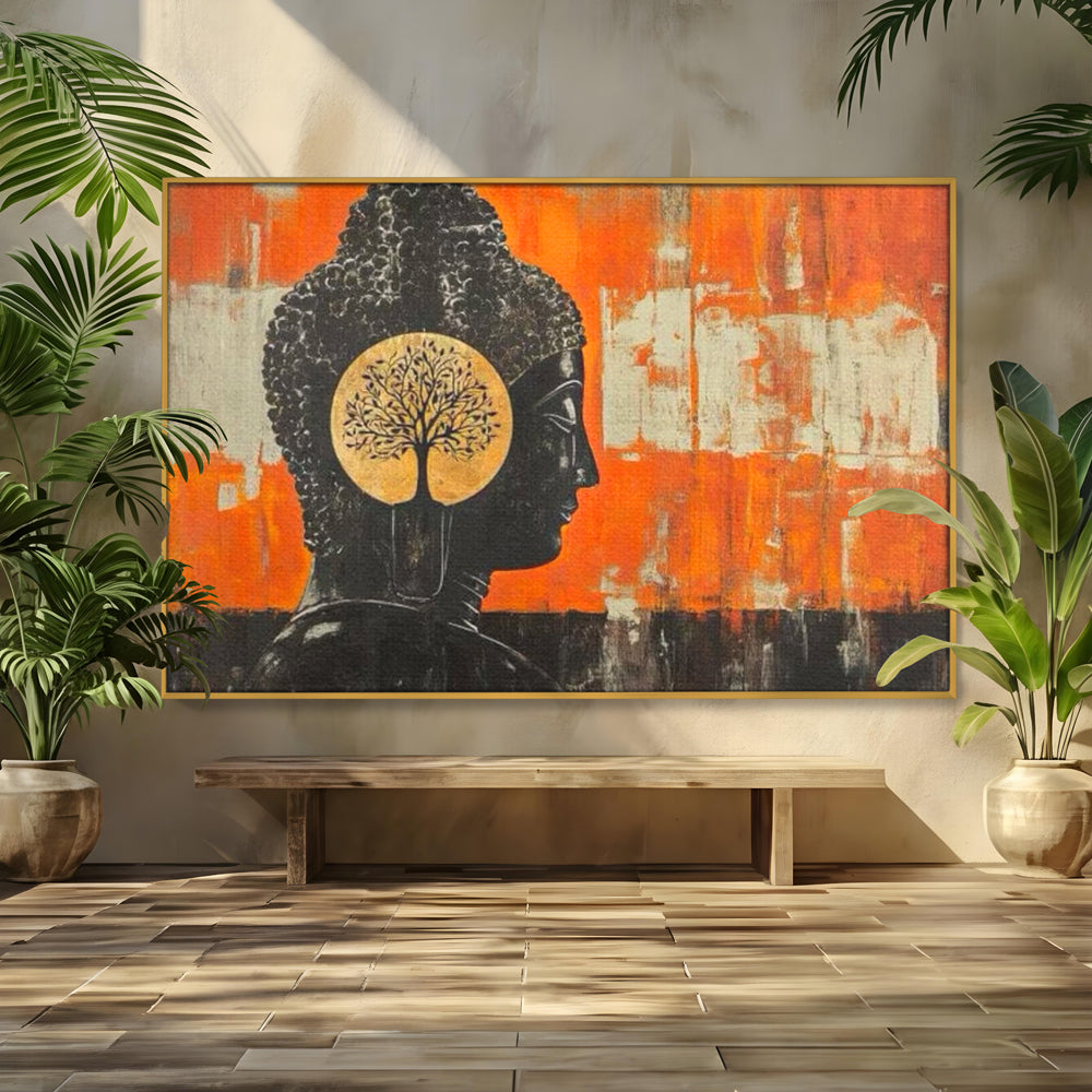 Tablou canvas cu tablou canvas cu profilul lui buddha, in rama de aluminiu auriu