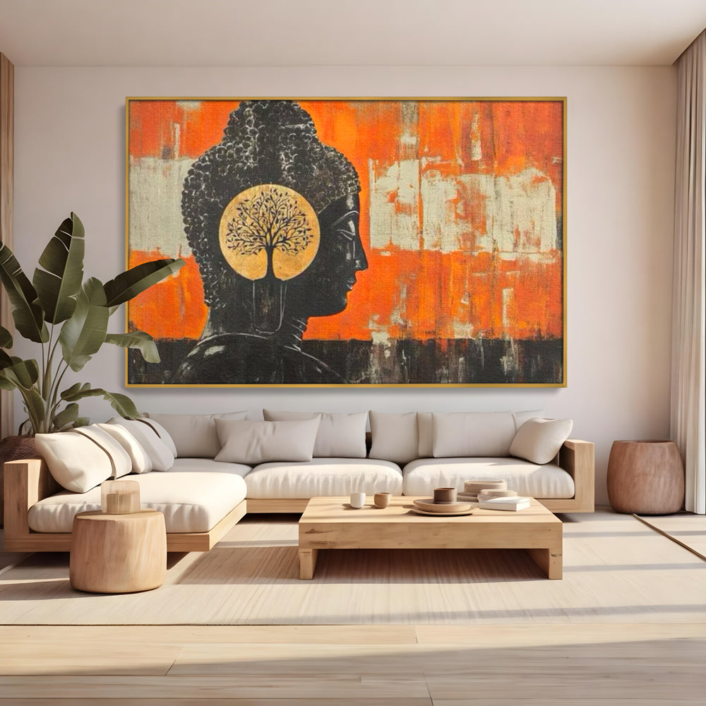 Tablou canvas cu tablou canvas cu profilul lui buddha, in rama de aluminiu auriu, pe perete intr-un living
