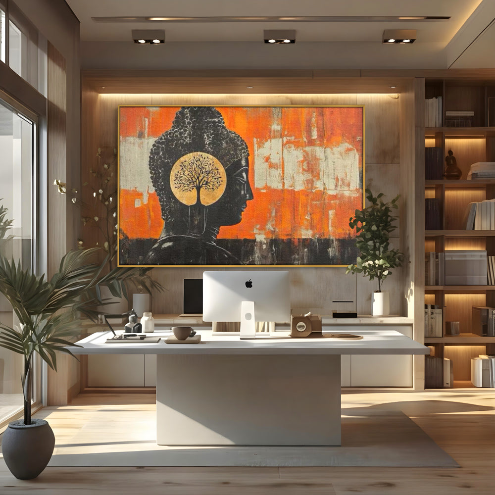 Tablou canvas cu tablou canvas cu profilul lui buddha, in rama de aluminiu auriu, pe perete intr-un birou