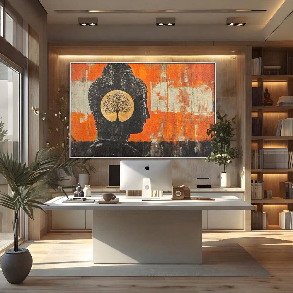 Tablou canvas cu tablou canvas cu profilul lui buddha, in rama de aluminiu argintiu, pe perete intr-un birou