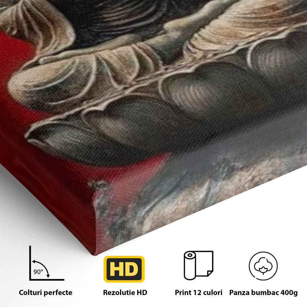 Detaliu al suprafetei: tablou canvas cu statuie buddha pe floare de lotus, fara rama, pe sasiu de lemn