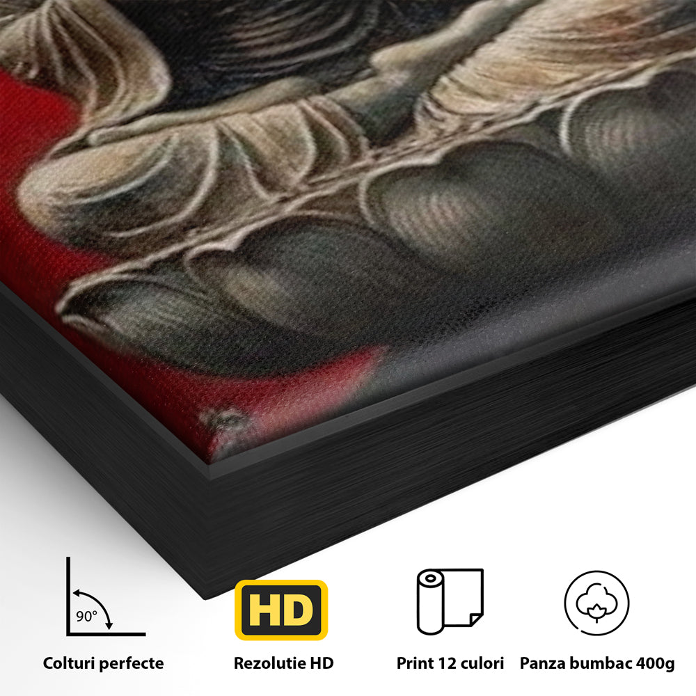 Detaliu al suprafetei: tablou canvas cu statuie buddha pe floare de lotus, in rama de aluminiu negru