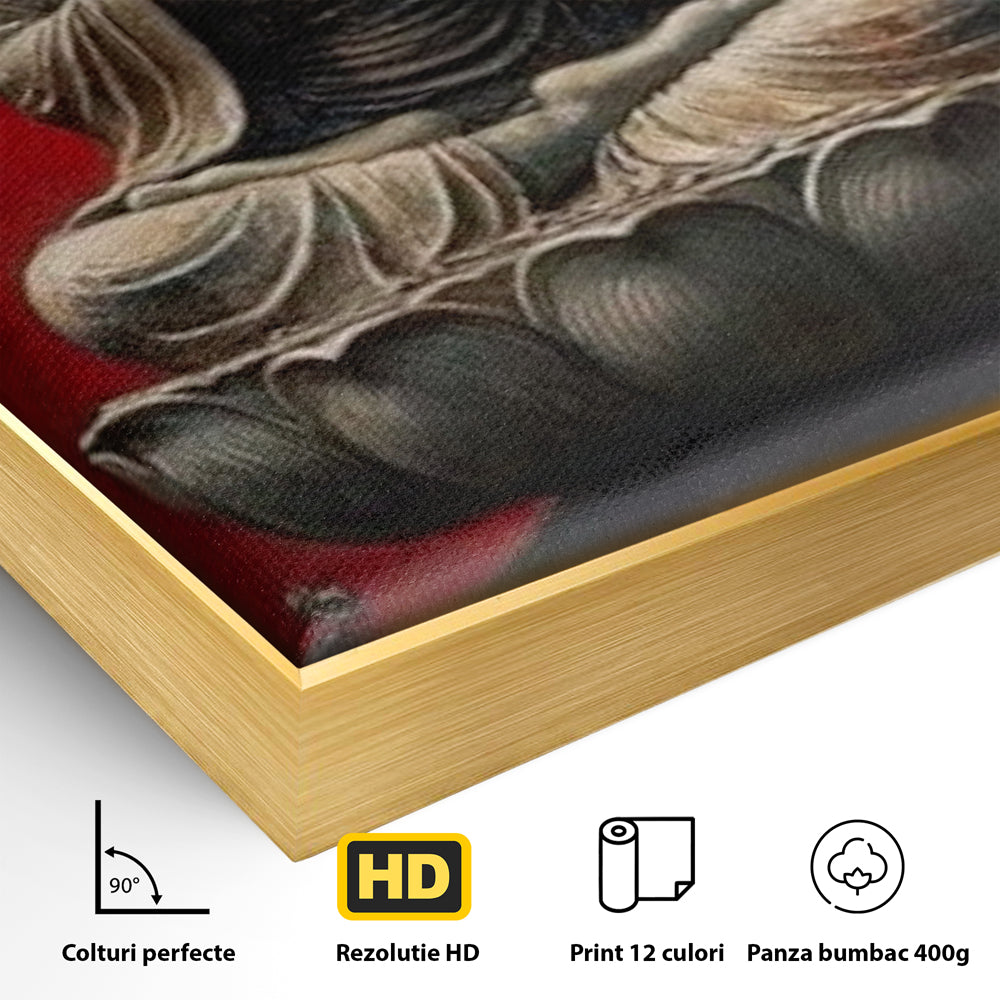 Detaliu al suprafetei: tablou canvas cu statuie buddha pe floare de lotus, in rama de aluminiu auriu