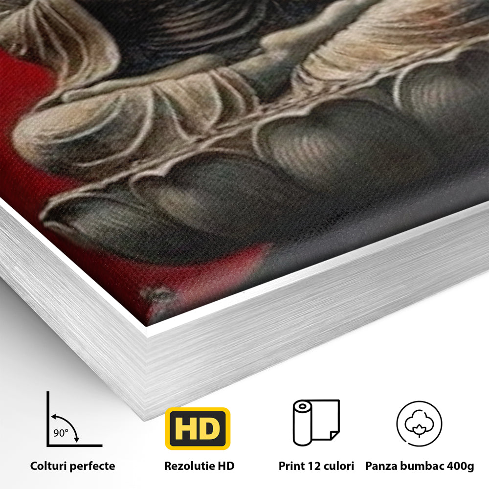 Detaliu al suprafetei: tablou canvas cu statuie buddha pe floare de lotus, in rama de aluminiu argintiu