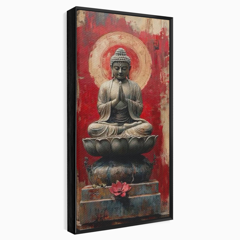 Tablou canvas cu tablou canvas cu statuie buddha pe floare de lotus, in rama de aluminiu negru