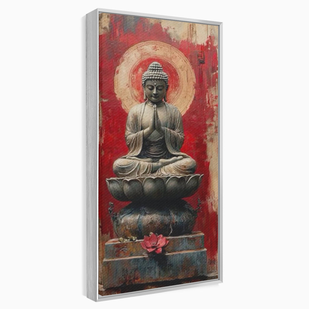 Tablou canvas cu tablou canvas cu statuie buddha pe floare de lotus, in rama de aluminiu argintiu