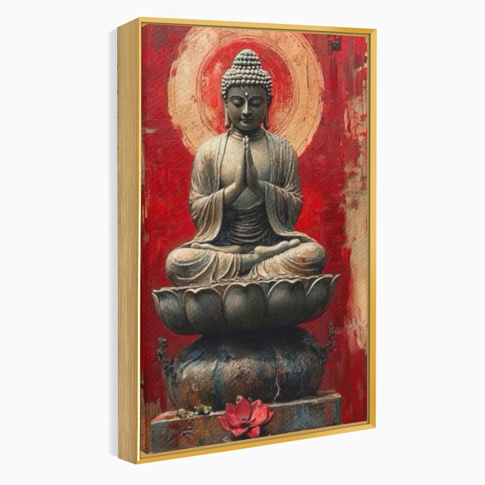Tablou canvas cu tablou canvas cu statuie buddha pe floare de lotus, in rama de aluminiu auriu