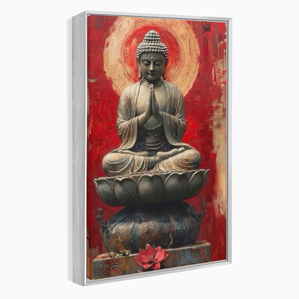 Tablou canvas cu tablou canvas cu statuie buddha pe floare de lotus, in rama de aluminiu argintiu