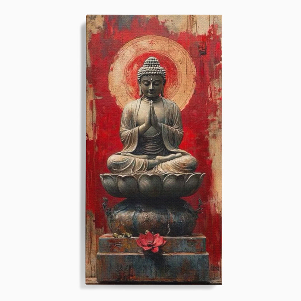 Tablou canvas cu tablou canvas cu statuie buddha pe floare de lotus, fara rama, pe sasiu de lemn