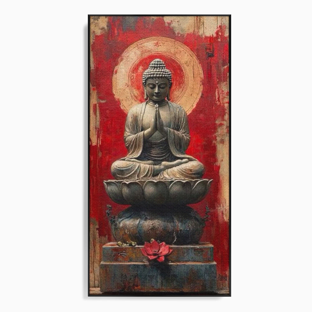Tablou canvas cu tablou canvas cu statuie buddha pe floare de lotus, in rama de aluminiu negru