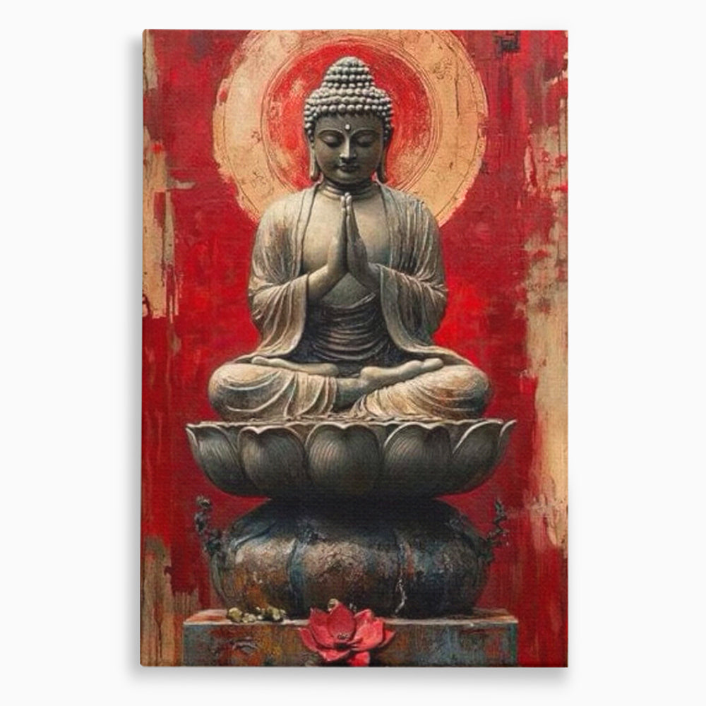 Tablou canvas cu tablou canvas cu statuie buddha pe floare de lotus, fara rama, pe sasiu de lemn
