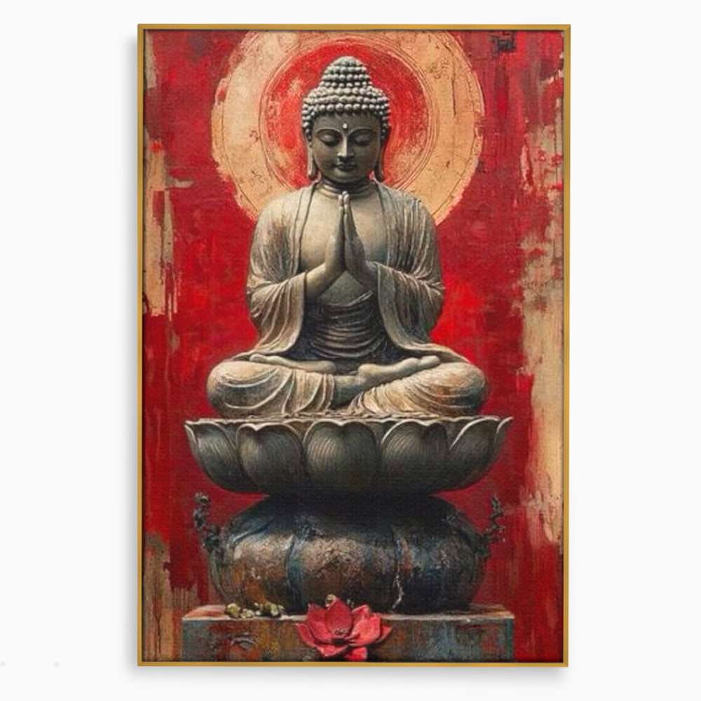 Tablou canvas cu tablou canvas cu statuie buddha pe floare de lotus, in rama de aluminiu auriu