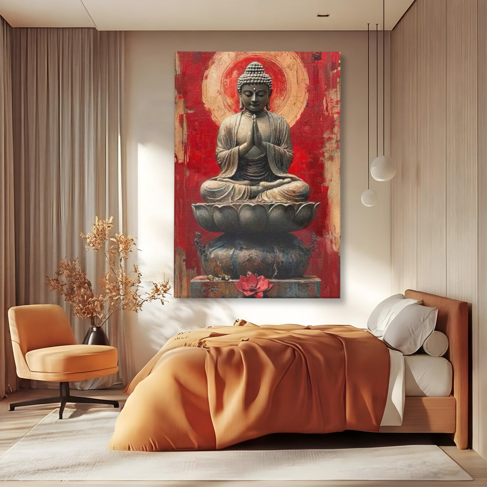 Tablou canvas cu tablou canvas cu statuie buddha pe floare de lotus, fara rama, pe sasiu de lemn, pe perete intr-un dormitor