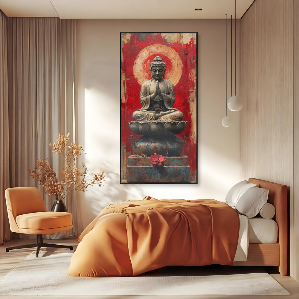 Tablou canvas cu tablou canvas cu statuie buddha pe floare de lotus, in rama de aluminiu negru, pe perete intr-un dormitor
