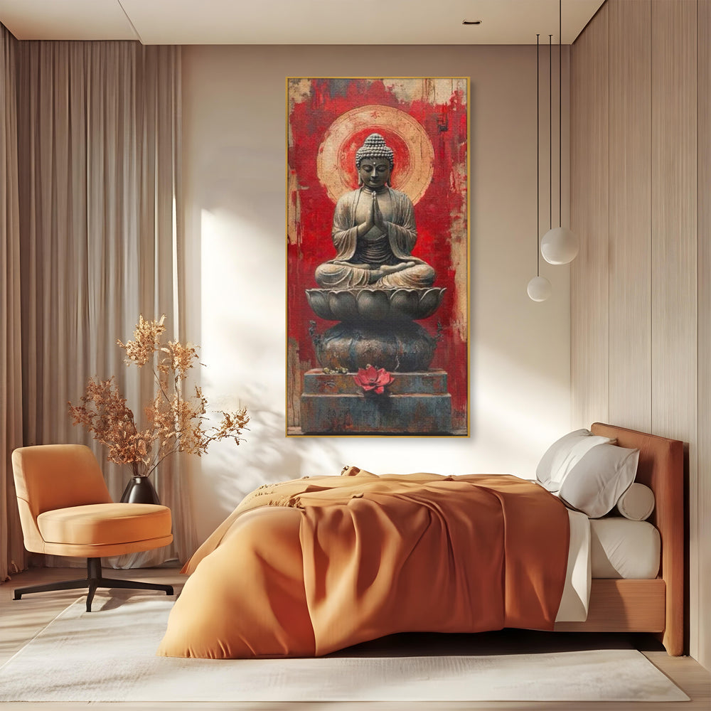 Tablou canvas cu tablou canvas cu statuie buddha pe floare de lotus, in rama de aluminiu auriu, pe perete intr-un dormitor