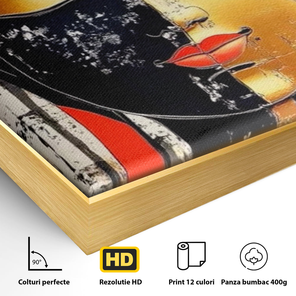 Detaliu al suprafetei: tablou canvas cu chipul lui buddha, in rama de aluminiu auriu
