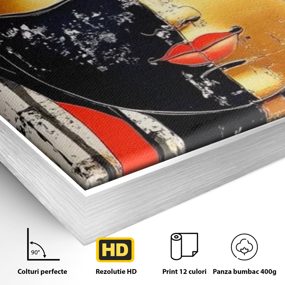 Detaliu al suprafetei: tablou canvas cu chipul lui buddha, in rama de aluminiu argintiu