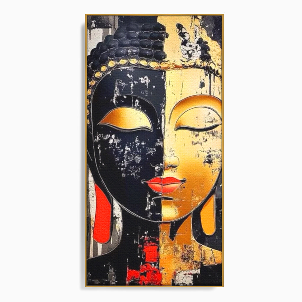 Tablou canvas cu tablou canvas cu chipul lui buddha, in rama de aluminiu auriu