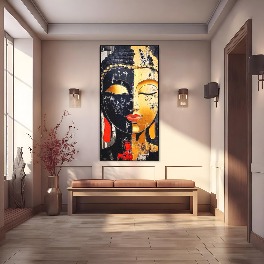 Tablou canvas cu tablou canvas cu chipul lui buddha, in rama de aluminiu negru