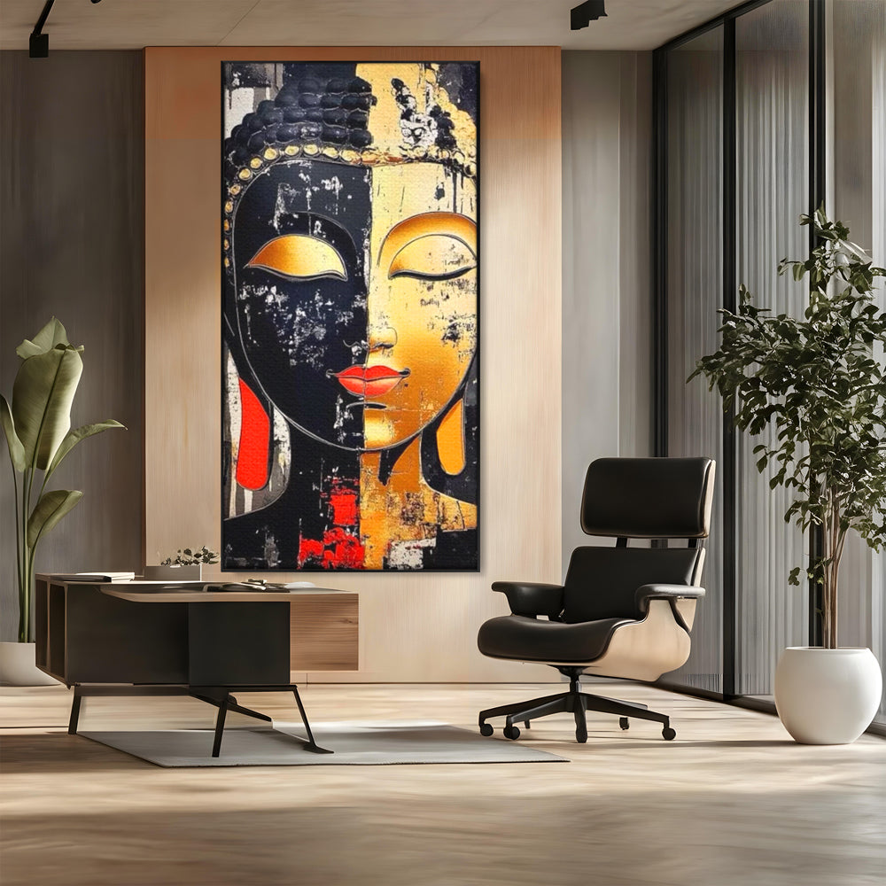 Tablou canvas cu tablou canvas cu chipul lui buddha, in rama de aluminiu negru, pe perete intr-un birou