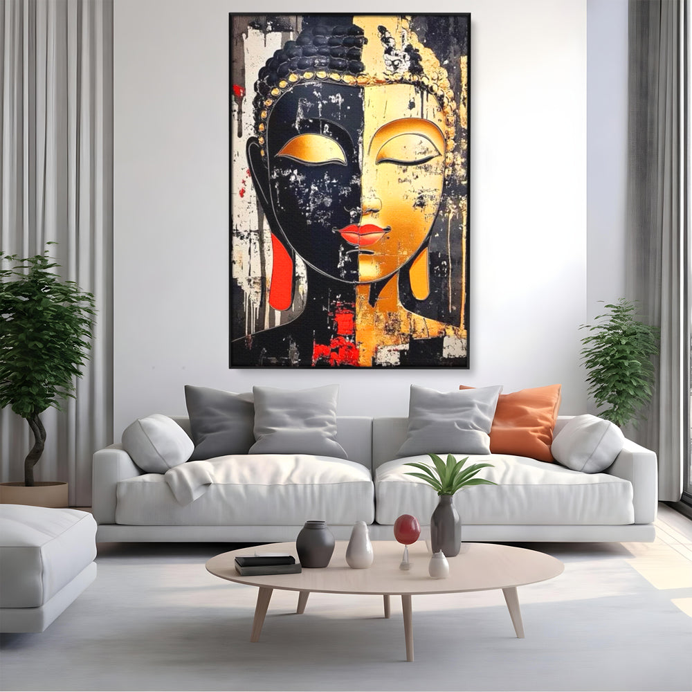 Tablou canvas cu tablou canvas cu chipul lui buddha, in rama de aluminiu negru, pe perete intr-un living