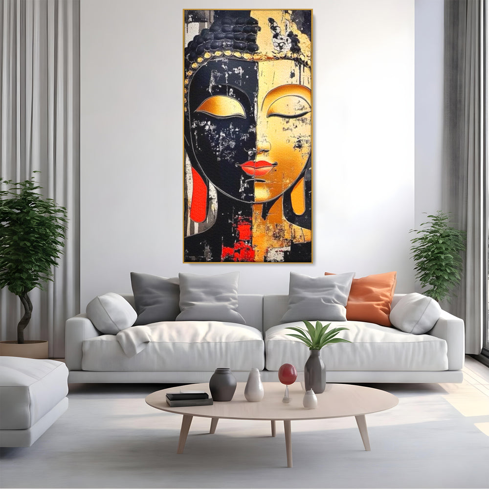 Tablou canvas cu tablou canvas cu chipul lui buddha, in rama de aluminiu auriu, pe perete intr-un living