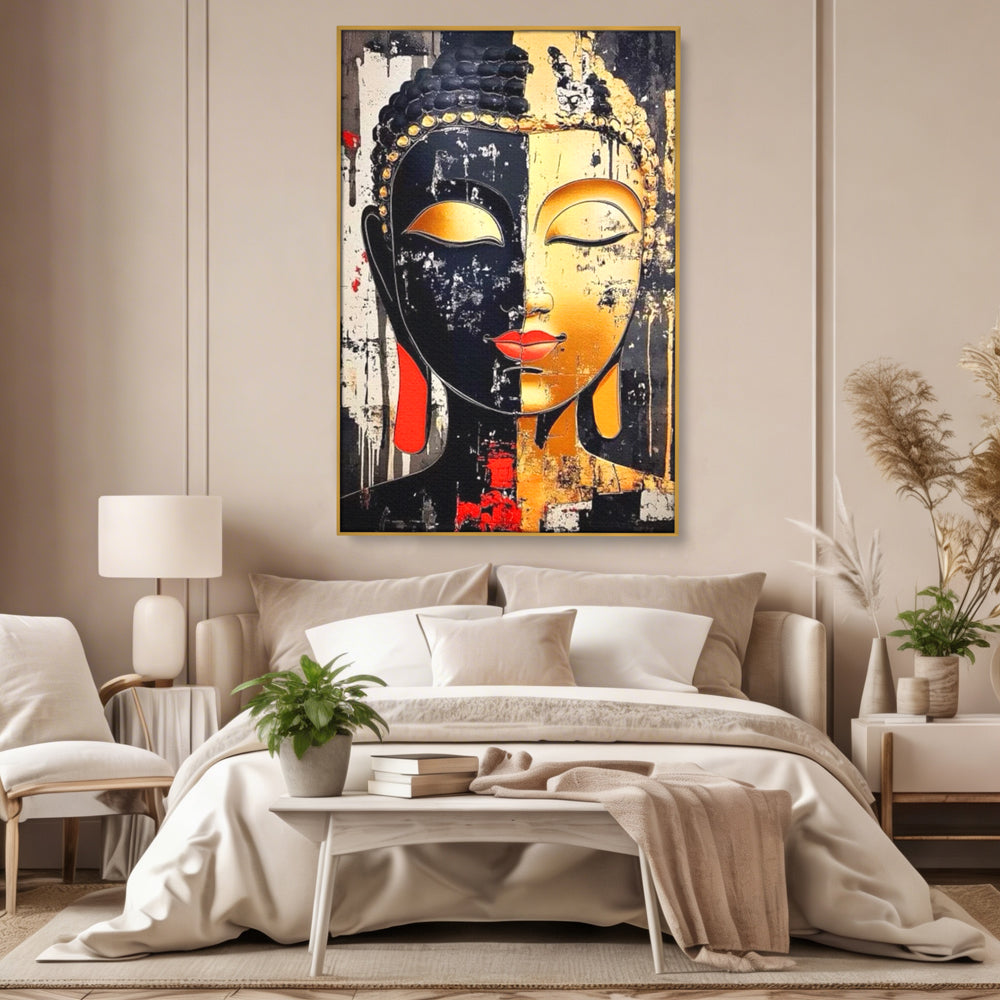 Tablou canvas cu tablou canvas cu chipul lui buddha, in rama de aluminiu auriu, pe perete intr-un dormitor