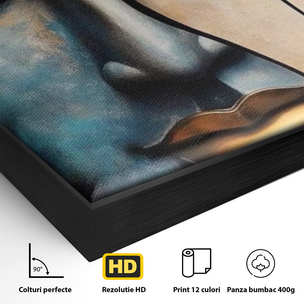 Detaliu al suprafetei: tablou canvas cu chipul lui buddha, in rama de aluminiu negru