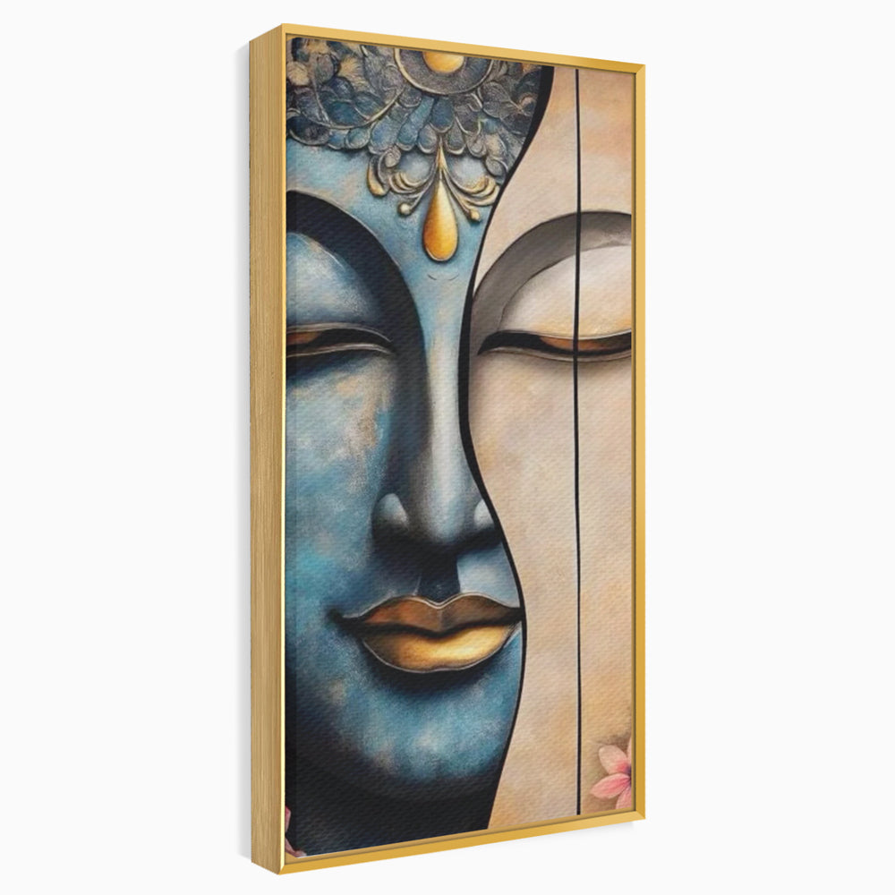 Tablou canvas cu tablou canvas cu chipul lui buddha, in rama de aluminiu auriu