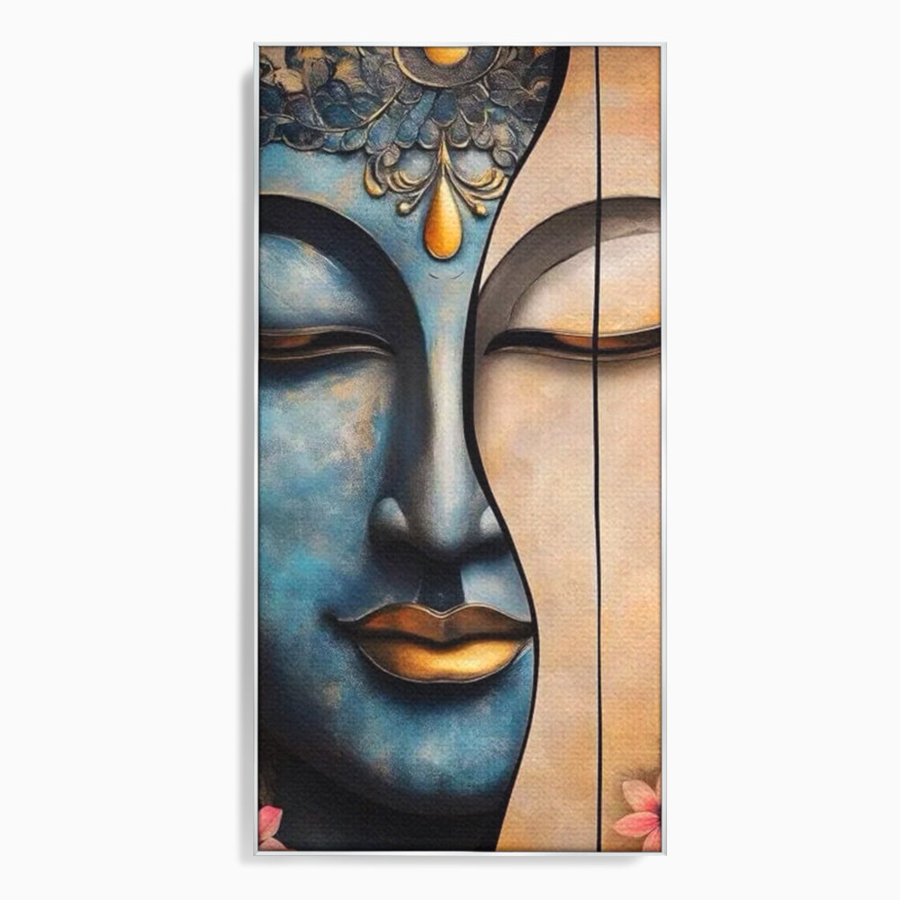 Tablou canvas cu tablou canvas cu chipul lui buddha, in rama de aluminiu argintiu
