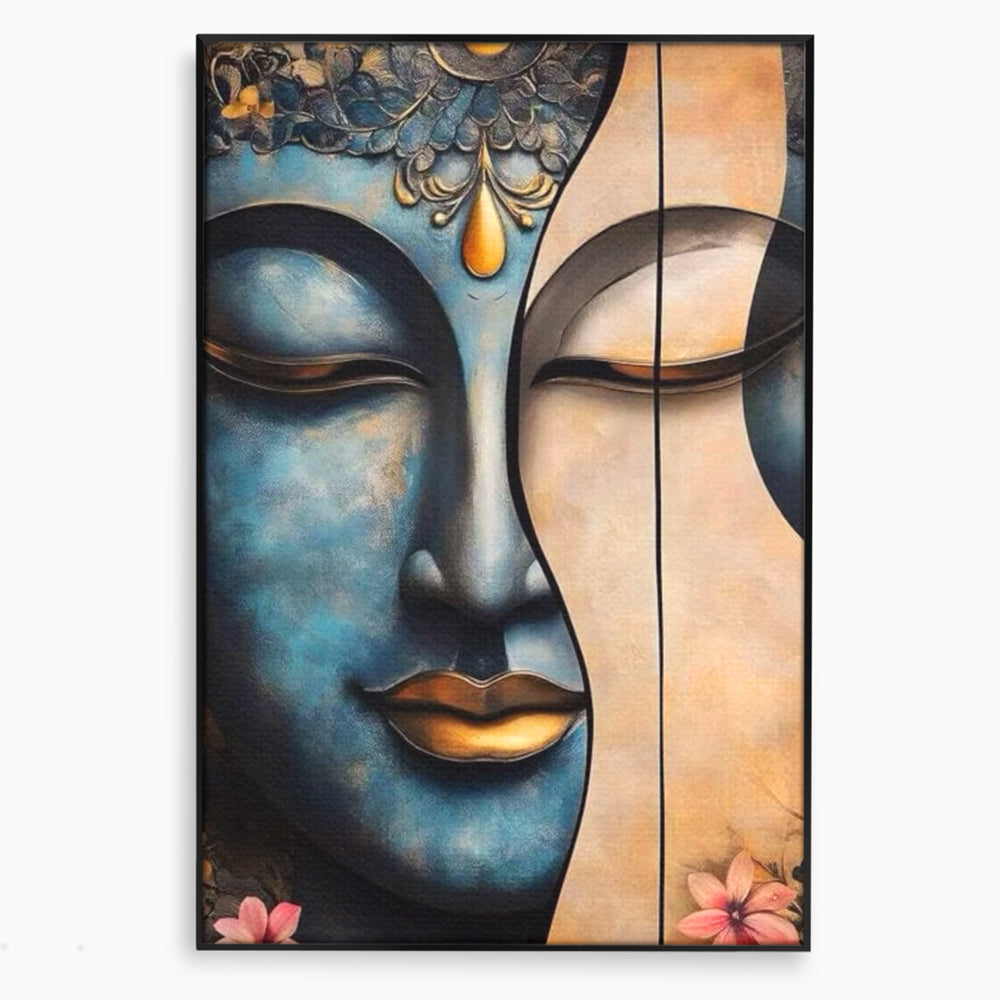 Tablou canvas cu tablou canvas cu chipul lui buddha, in rama de aluminiu negru