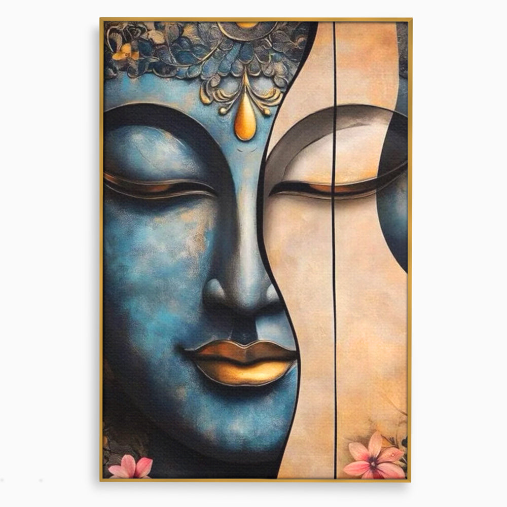 Tablou canvas cu tablou canvas cu chipul lui buddha, in rama de aluminiu auriu