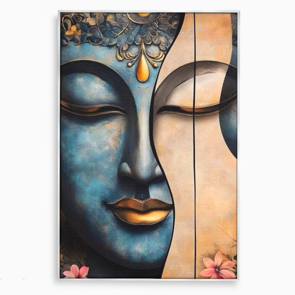 Tablou canvas cu tablou canvas cu chipul lui buddha, in rama de aluminiu argintiu