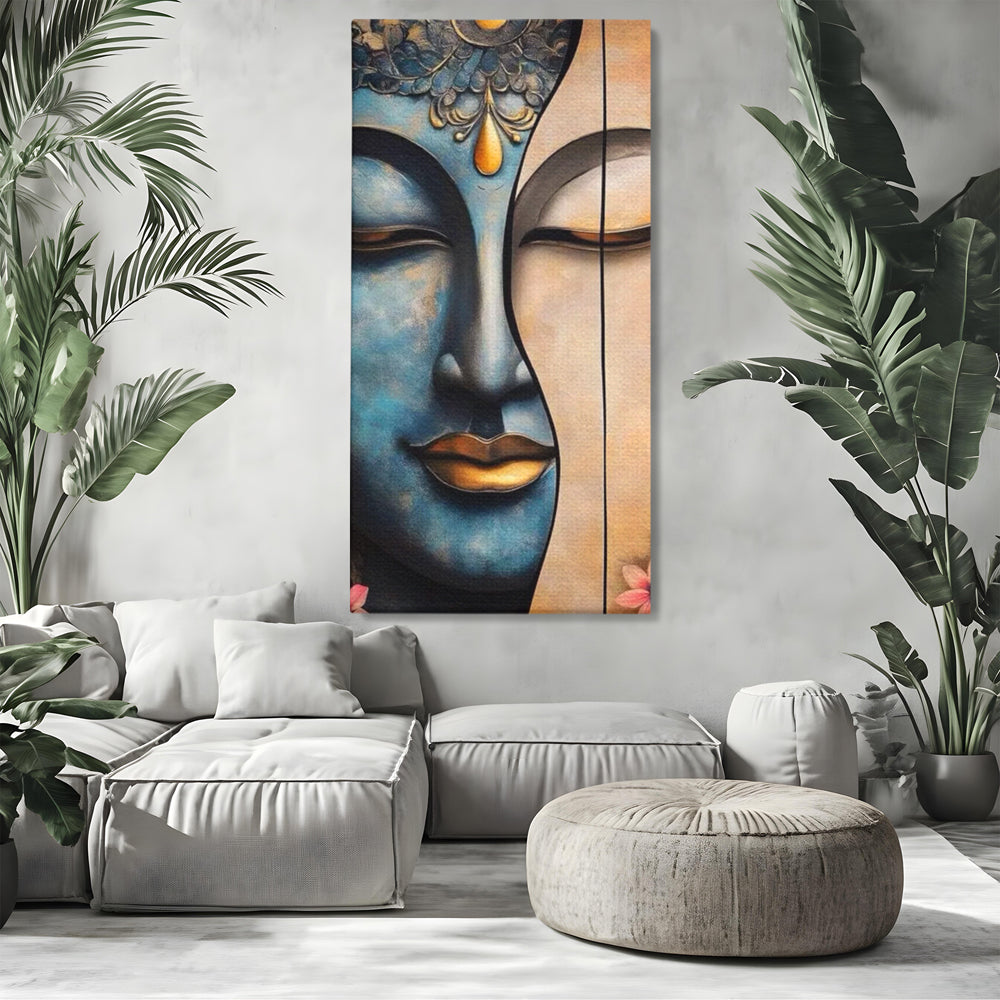 Tablou canvas cu tablou canvas cu chipul lui buddha, fara rama, pe sasiu de lemn, pe perete intr-un living