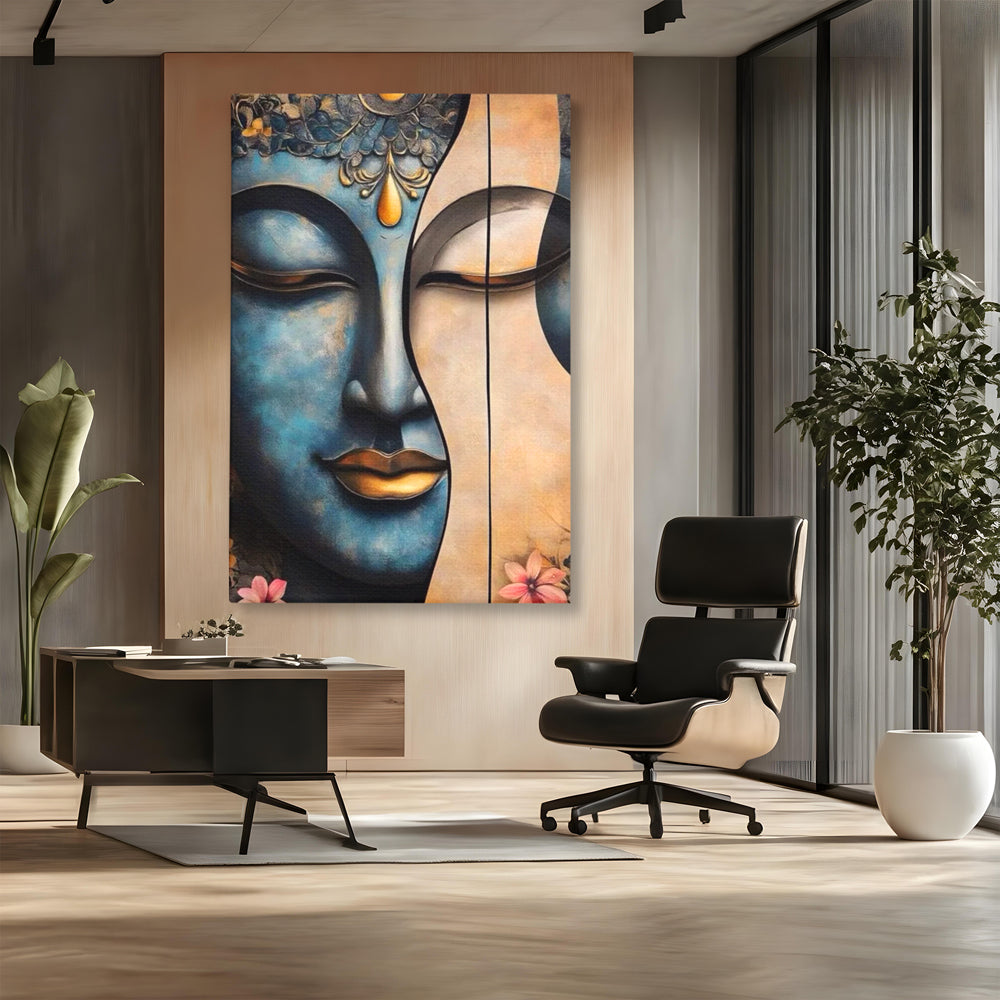 Tablou canvas cu tablou canvas cu chipul lui buddha, fara rama, pe sasiu de lemn, pe perete intr-un birou